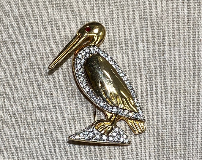 Figural Rhinestone Pelican Brooch With Signature