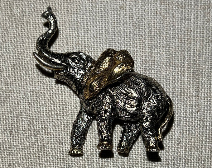 Signed ART Two Tone Metal Figural Elephant With Raised Trunk Brooch