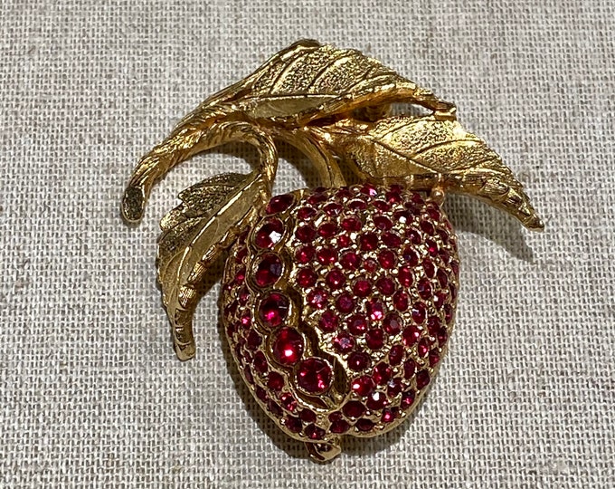 Signed Napier Red Rhinestone Apple With Leaves Brooch