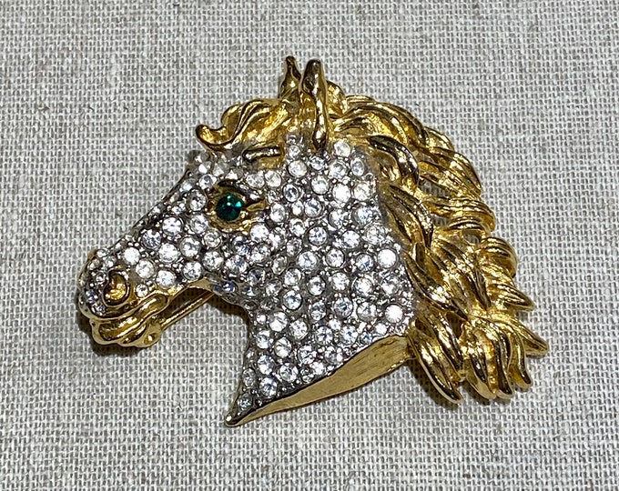 Pave Rhinestone Horse Head Brooch With Gold Tone Mane