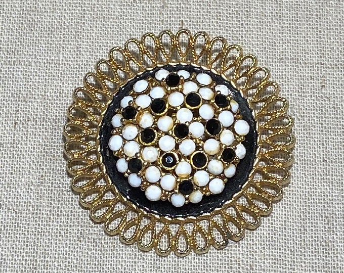 Signed Kramer Black and White Rhinestone Brooch