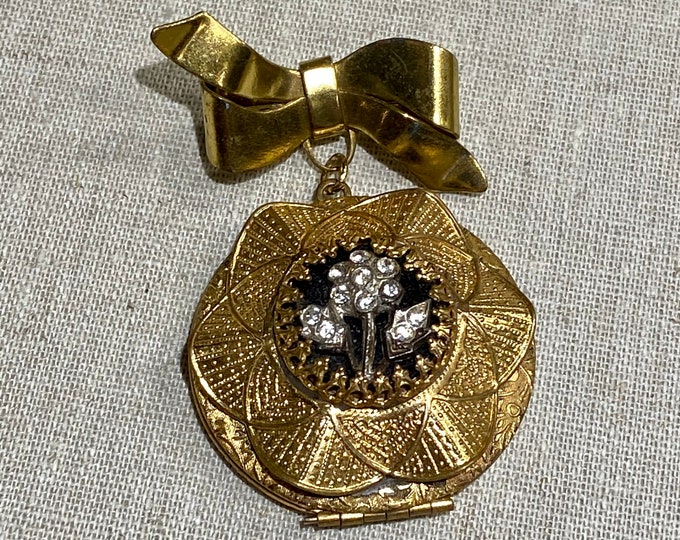 1950s Rhinestone Round Locket on Bow Lapel Brooch