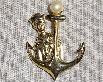 Signed MJent Sailor Boy With Anchor Brooch