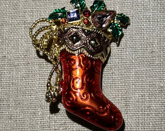 Signed Christopher Radco Red Stocking With Rhinestones Brooch