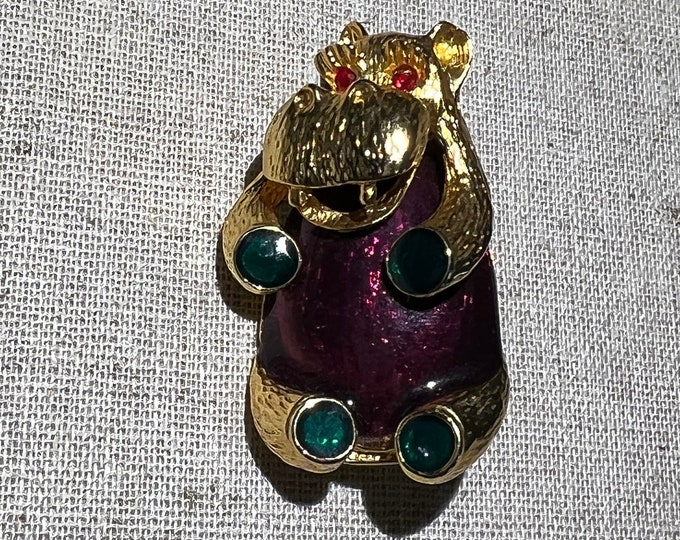 Comical Figural Signed Hippopotamus Brooch With Rhinestone Eyes