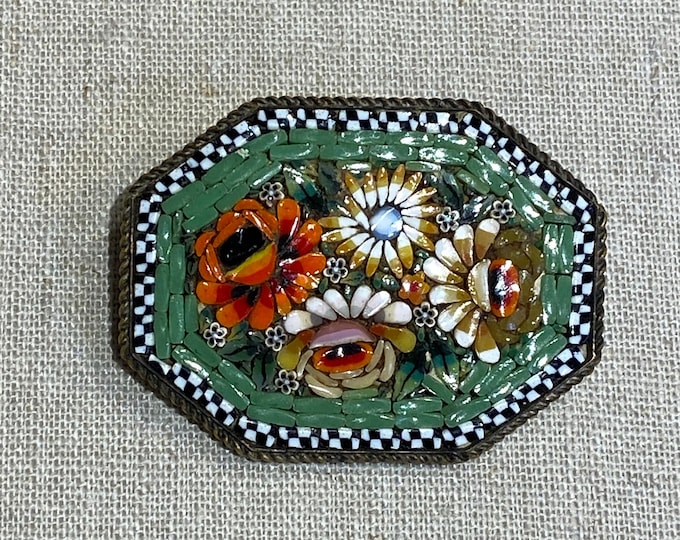 Italian Micro Mosaic Art Glass Brooch With Checkerboard Border