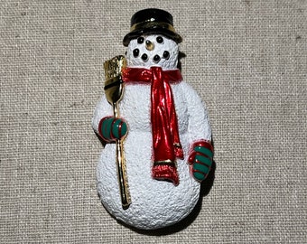 Vintage Signed AJC Holiday Snowman With Broom Brooch