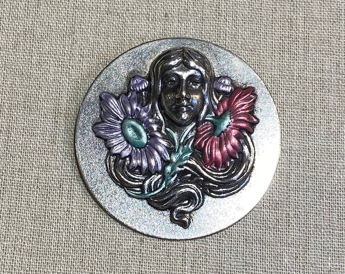 Reproduction Art Nouveau Style Metal Head With Flowers Brooch