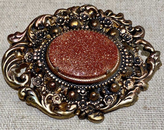 Vintage Brooch Oval Goldstone Glass in Two Tone Metal