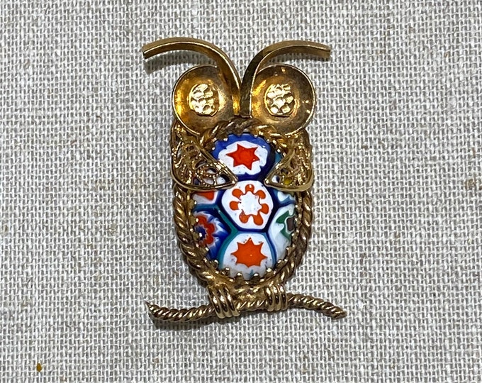 Gold Filled Owl With Italian Murano Glass Belly Brooch Pendant