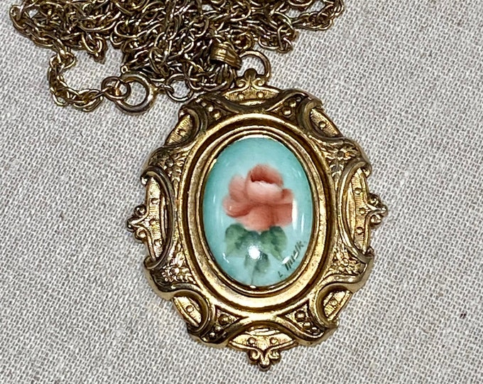 Vintage Signed Hand Painted Pendant on Chain