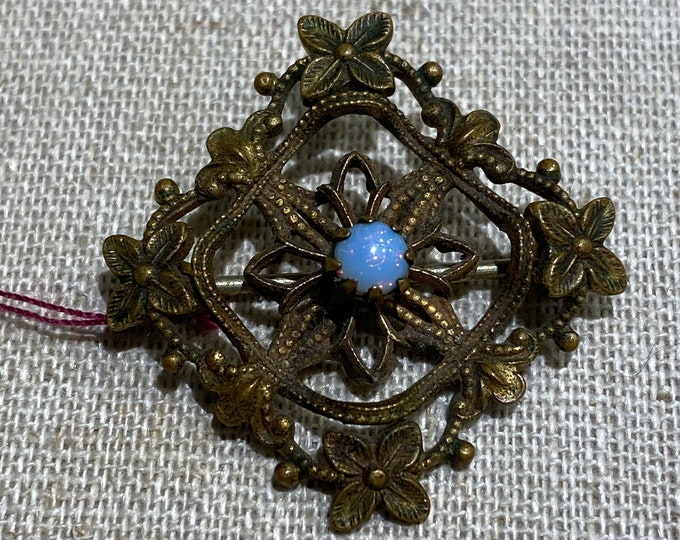 1900s Faux Blue Opal Filigree Brass Brooch