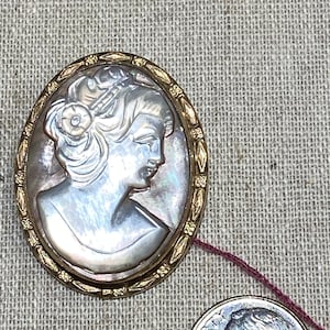 Gold Filled Carved Mother of Pearl Cameo Brooch Pendant