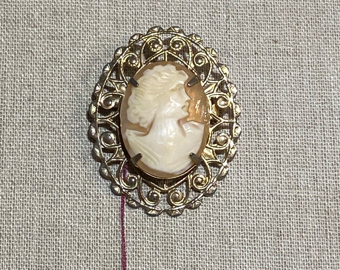 Hand Carved Shell Cameo Brooch in Stamped Metal Frame