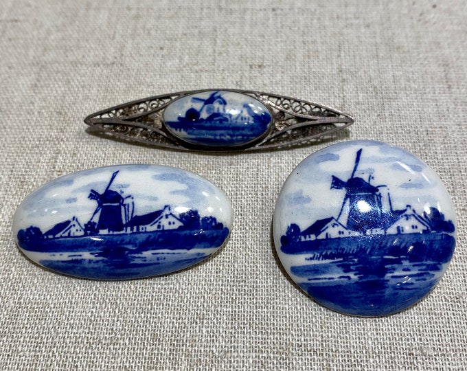 Lot of Three Delft Blue Pottery Brooches