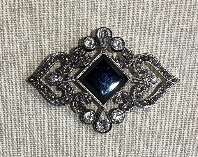 Signed Monet Rhinestone Brooch With Black Centerpiece