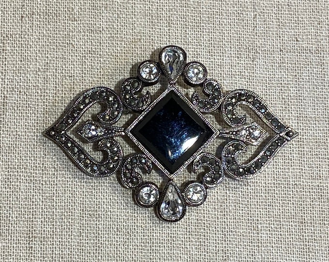 Signed Monet Rhinestone Brooch With Black Centerpiece