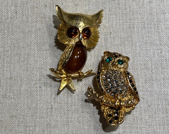 Two Gold Tone Owl Brooches: One With Lucite and One With Rhinestones