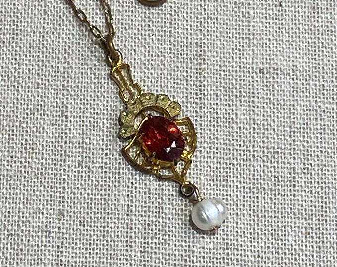 Delicate Edwardian Pendant With Synthetic Ruby and Freshwater Pearl