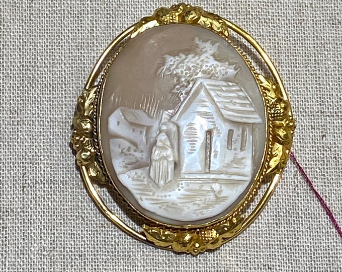 Antique Victorian Scenic Carved Shell Cameo With Updated Closure