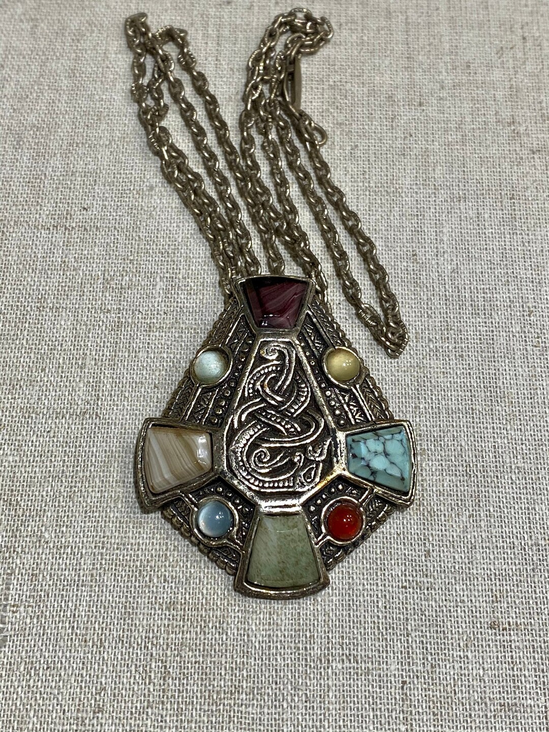 Collier Pendentif Vintage Signé Michel Buffet - Thème Inca En Bronze Doré - Occasion Excellent état
