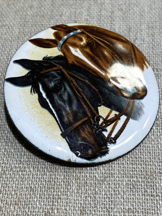 Round Enamel Brooch With Two Horse Heads - image 3