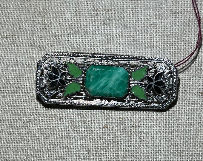 Filigree Silver Tone Art Deco Brooch With Green Stone and Enameling