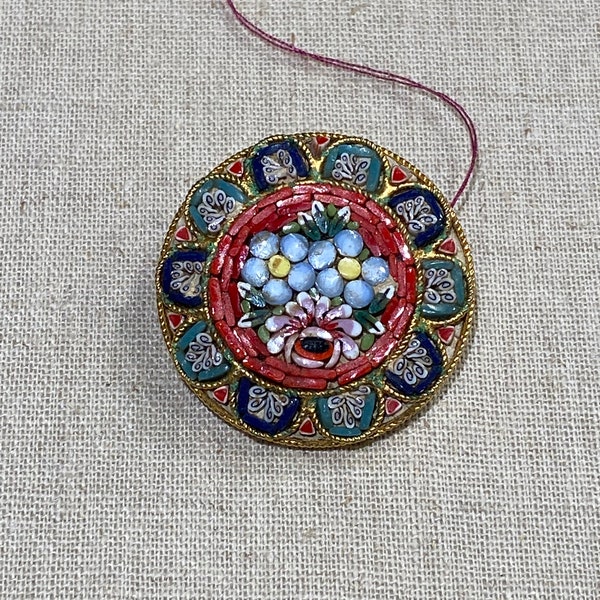 Round Italian Floral Micro Mosaic Brooch Pin