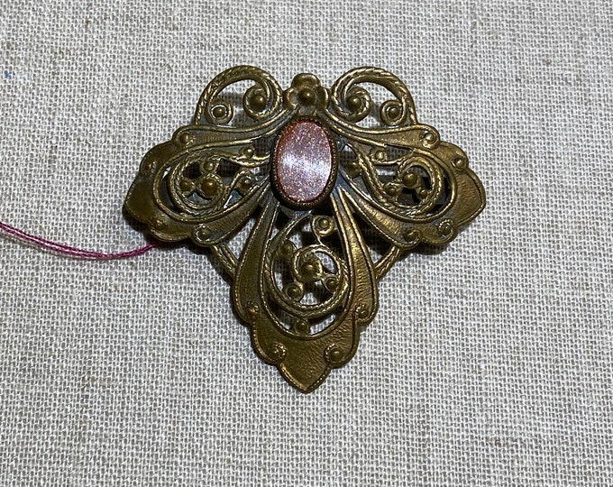 Victorian Style Stamped Brass Brooch With Goldstone Setting