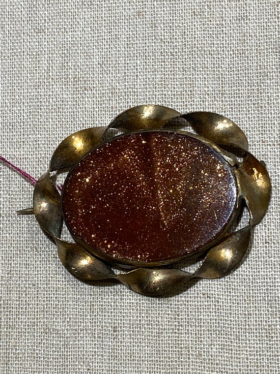 Antique Victorian Oval Goldstone Glass Brooch - image 2