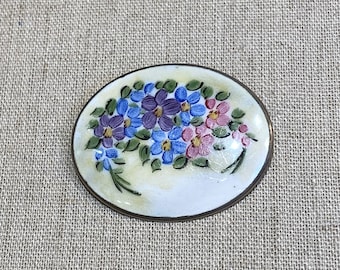 Hand Painted Flowers on Enamel Oval Brooch