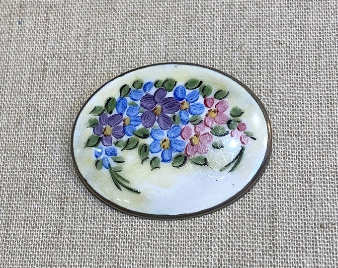 Hand Painted Flowers on Enamel Oval Brooch