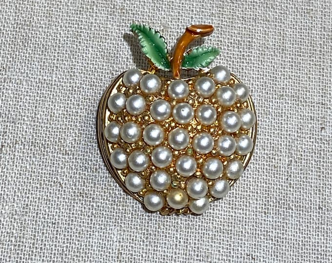 Signed J.J. Apple Brooch With Faux Pearls