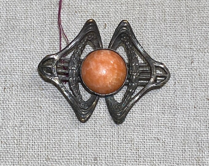 Antique Rough But Nice Design Brooch With Coral Color Stone