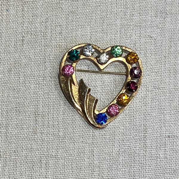 Signed Catamore Gold Filled Heart Brooch With Rhinestones