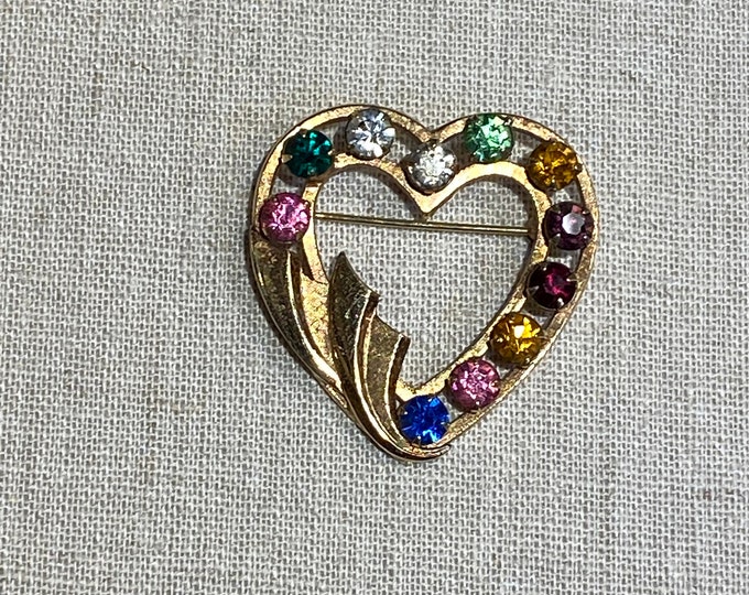 Signed Catamore Gold Filled Heart Brooch With Rhinestones