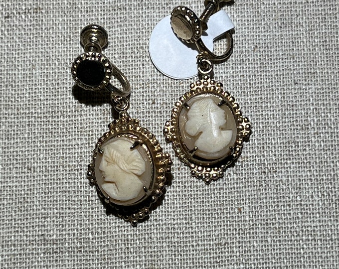 Carved Shell Cameo Dangle Screw Back Earrings That Can Be Converted To Pierced