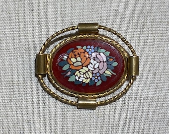 Vintage Hand Painted Flowers on Carnelian Colored Glass Brooch