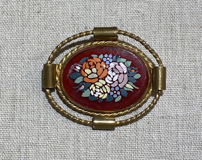 Vintage Hand Painted Flowers on Carnelian Colored Glass Brooch