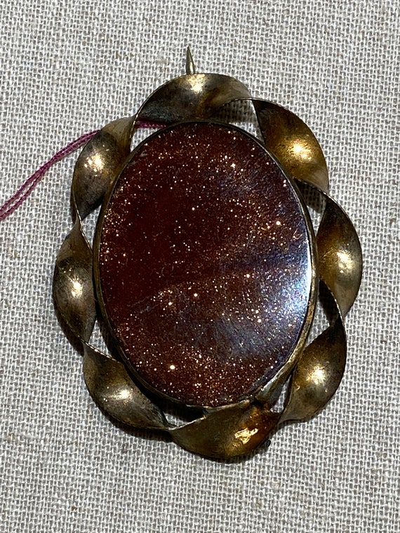 Antique Victorian Oval Goldstone Glass Brooch - image 3