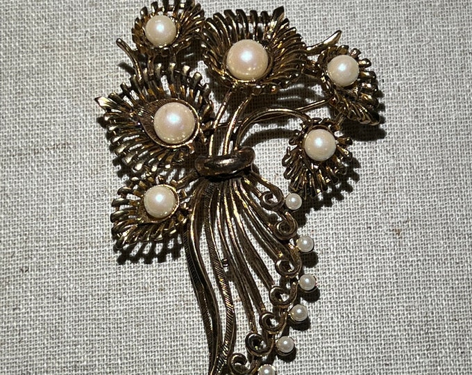 Signed M.Jent Floral Spray Brooch With Faux Pearls