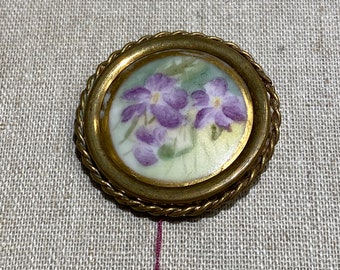 Victorian Era Hand Painted Violets Porcelain Brooch