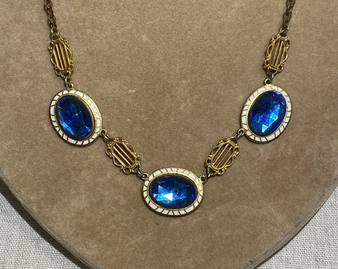 1910s Cloisonné Enameling and Blue Stone Necklace With Added Chain