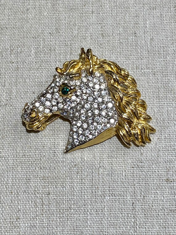 Pave Rhinestone Horse Head Brooch With Gold Tone … - image 1