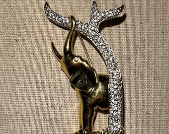 Signed Swarovski Swan Logo Figural Elephant With Tree Brooch