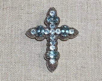925 Prong Set Faux Blue Topaz Cross Made in China