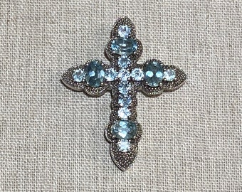 925 Prong Set Faux Blue Topaz Cross Made in China