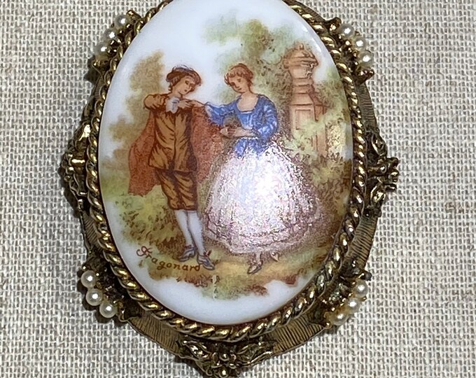 Glass Courtship Scene Brooch With Pearl Border