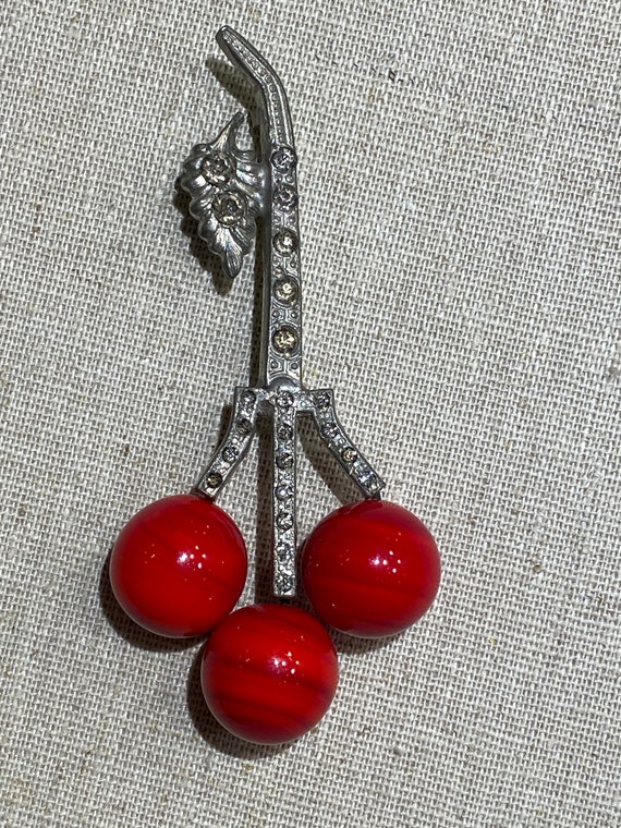 1920s Fun Red Cherry Art Glass Brooch