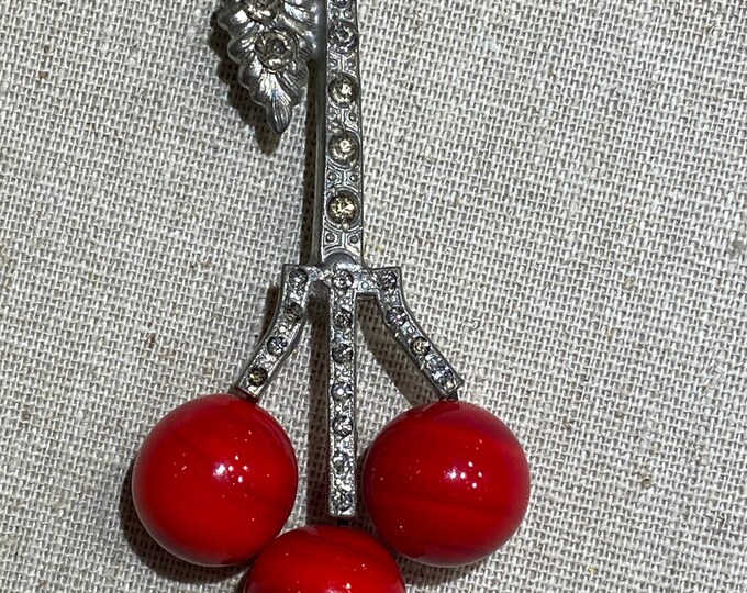 1920s Fun Red Cherry Art Glass Brooch